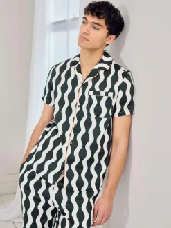 Chelsea Peers Green Cotton Poplin Wavy Stripe Long Pyjamas Set Clearance