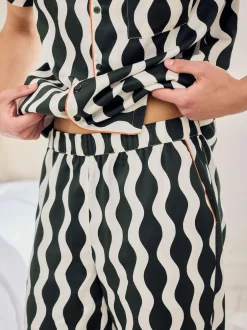 Chelsea Peers Green Cotton Poplin Wavy Stripe Long Pyjamas Set Clearance