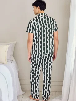 Chelsea Peers Green Cotton Poplin Wavy Stripe Long Pyjamas Set Clearance
