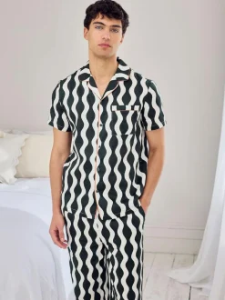 Chelsea Peers Green Cotton Poplin Wavy Stripe Long Pyjamas Set Clearance