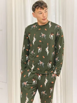 Chelsea Peers Green Rugby Dogs Print Long Pyjamas Set Hot