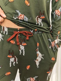 Chelsea Peers Green Rugby Dogs Print Long Pyjamas Set Hot