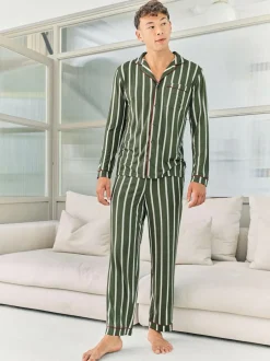 Chelsea Peers Green Stripe Button Up Long Pyjamas Set New