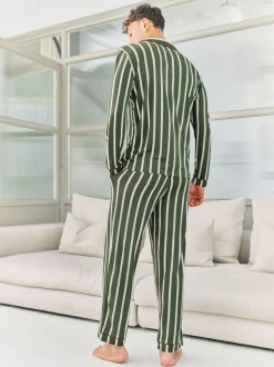 Chelsea Peers Green Stripe Button Up Long Pyjamas Set New