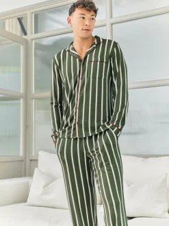 Chelsea Peers Green Stripe Button Up Long Pyjamas Set New
