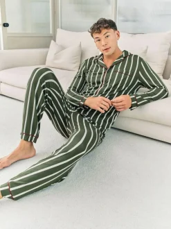 Chelsea Peers Green Stripe Button Up Long Pyjamas Set New