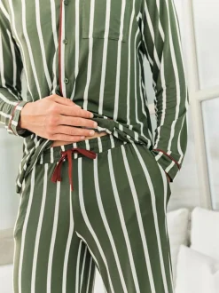Chelsea Peers Green Stripe Button Up Long Pyjamas Set New