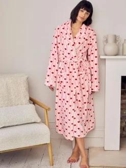 Chelsea Peers Pink Fleece Wavy Stripe Heart Print Long Dressing Gown Outlet