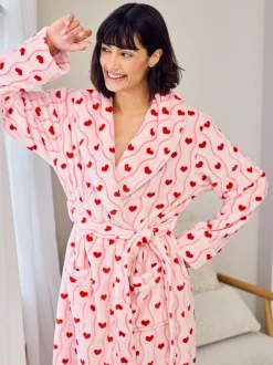 Chelsea Peers Pink Fleece Wavy Stripe Heart Print Long Dressing Gown Outlet