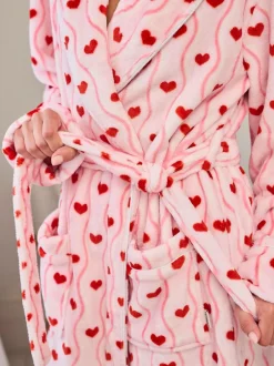 Chelsea Peers Pink Fleece Wavy Stripe Heart Print Long Dressing Gown Outlet