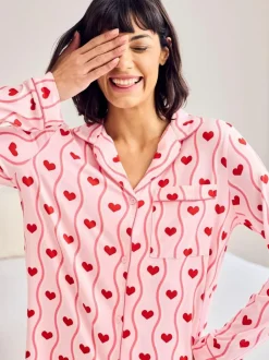 Chelsea Peers Pink Wavy Stripe Heart Print Long Pyjamas Set Discount