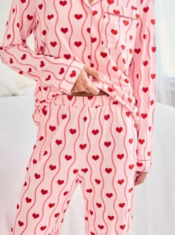 Chelsea Peers Pink Wavy Stripe Heart Print Long Pyjamas Set Discount