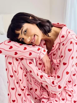 Chelsea Peers Pink Wavy Stripe Heart Print Long Pyjamas Set Discount
