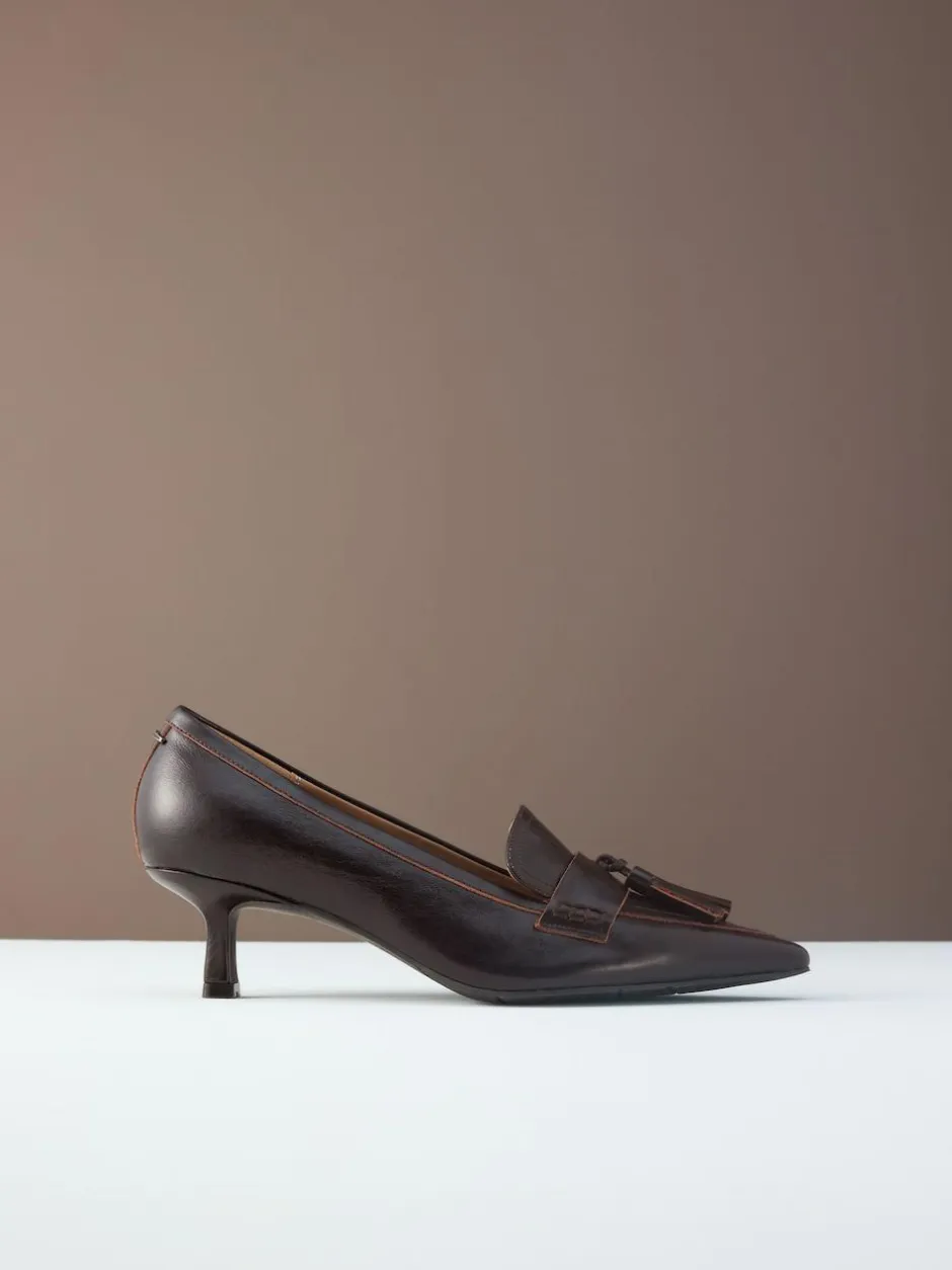 Next Premium Leather With Motionflex Point Toe Tassel Heels Loafers Choc Brown New