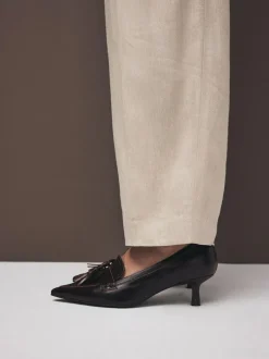 Next Premium Leather With Motionflex Point Toe Tassel Heels Loafers Choc Brown New