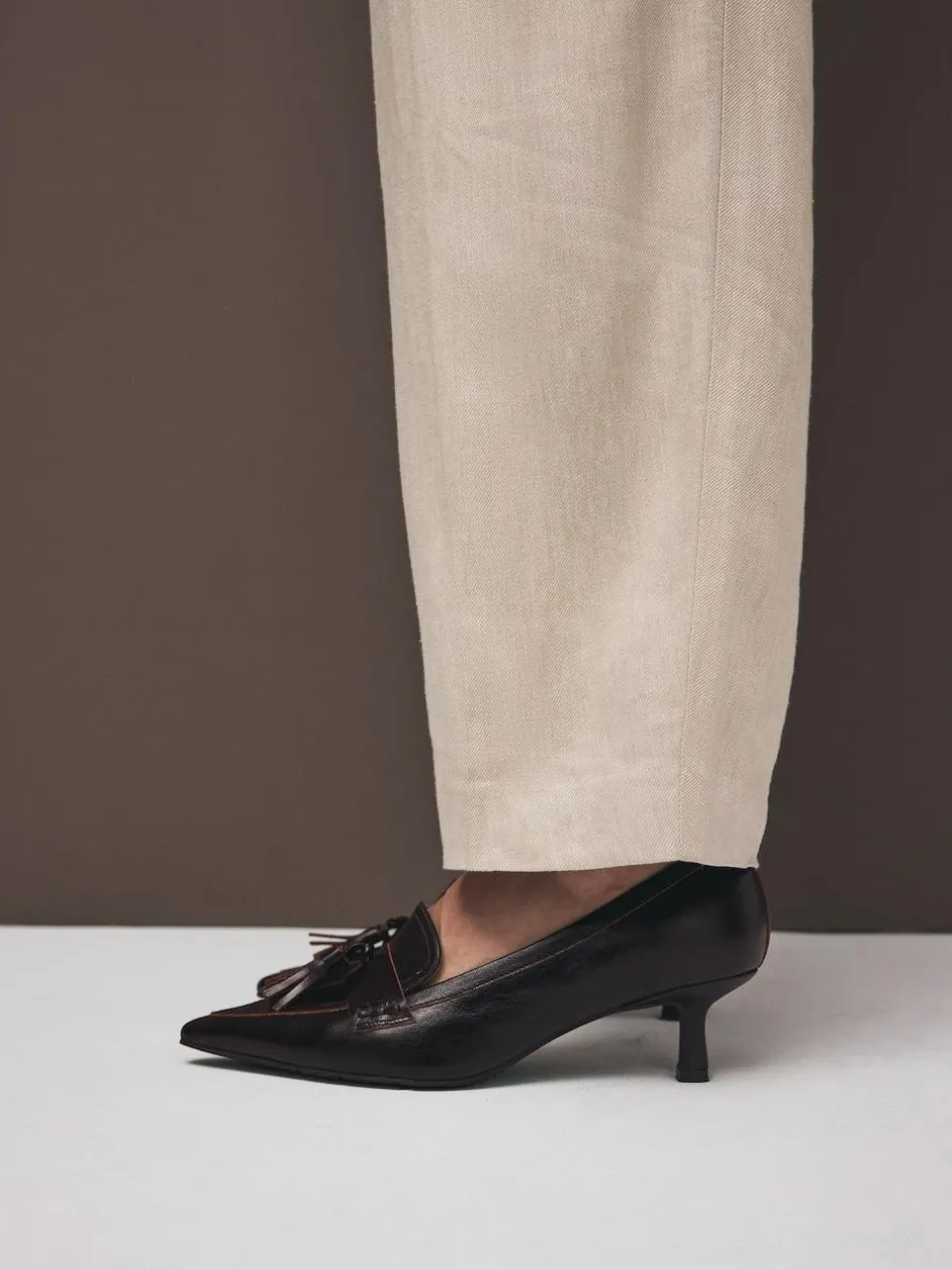 Next Premium Leather With Motionflex Point Toe Tassel Heels Loafers Choc Brown New