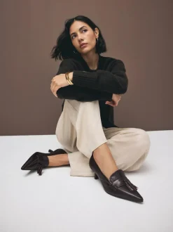 Next Premium Leather With Motionflex Point Toe Tassel Heels Loafers Choc Brown New
