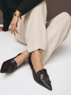 Next Premium Leather With Motionflex Point Toe Tassel Heels Loafers Choc Brown New
