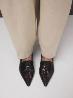 Next Premium Leather With Motionflex Point Toe Tassel Heels Loafers Choc Brown New