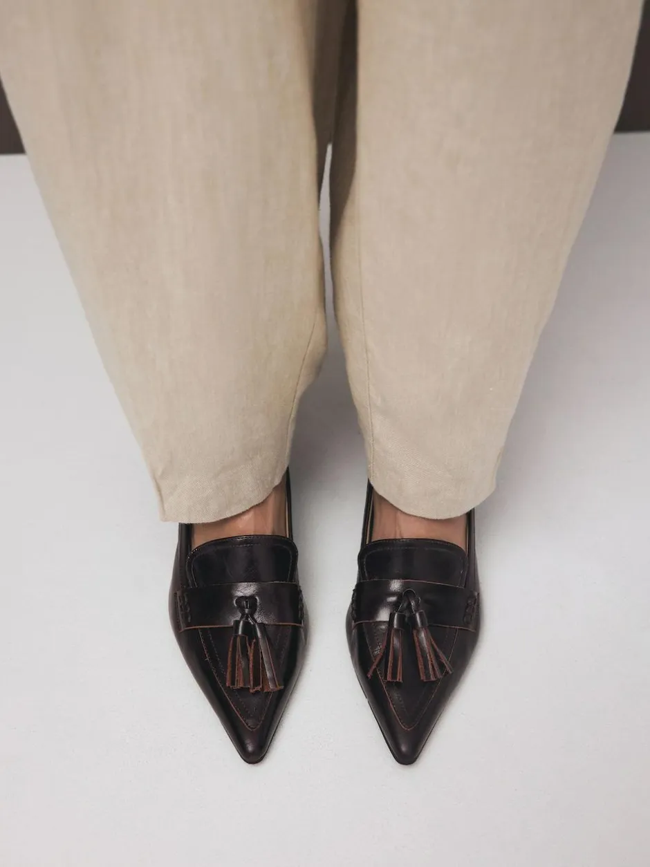 Next Premium Leather With Motionflex Point Toe Tassel Heels Loafers Choc Brown New