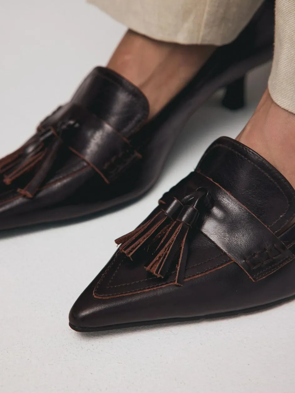 Next Premium Leather With Motionflex Point Toe Tassel Heels Loafers Choc Brown New