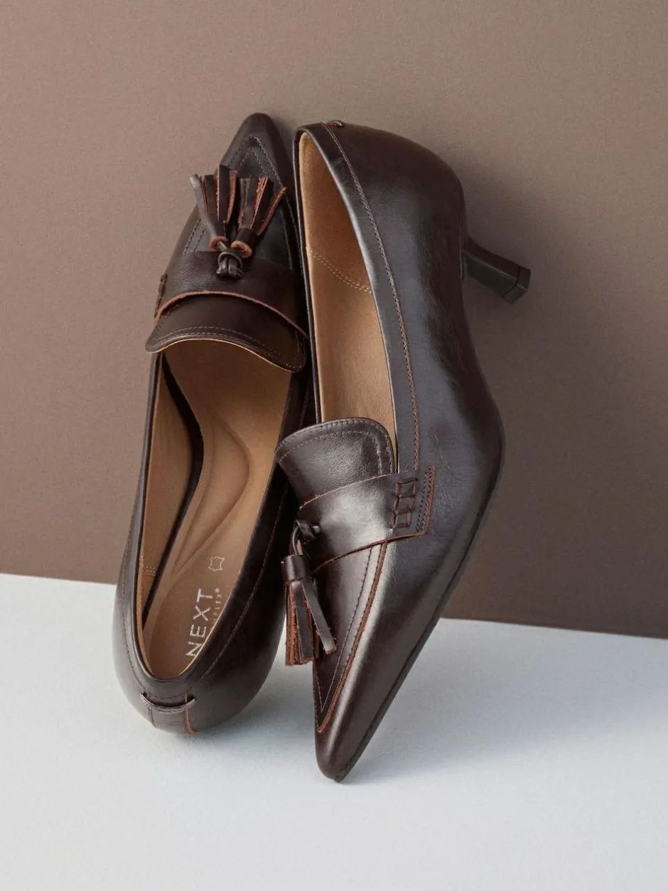 Next Premium Leather With Motionflex Point Toe Tassel Heels Loafers Choc Brown New