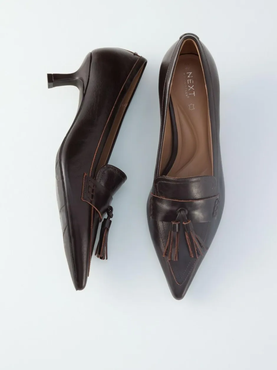 Next Premium Leather With Motionflex Point Toe Tassel Heels Loafers Choc Brown New