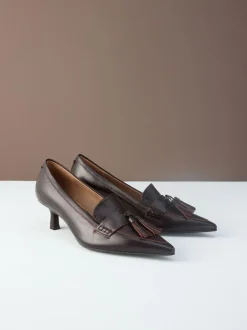 Next Premium Leather With Motionflex Point Toe Tassel Heels Loafers Choc Brown New