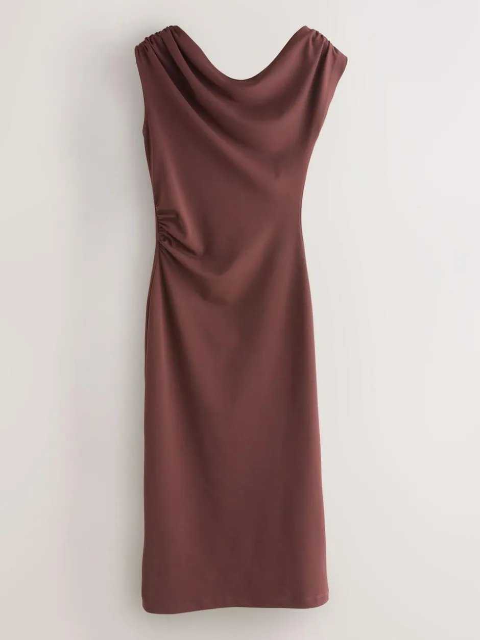 Next Draped Midi Ruched Dress Chocolate Brown Discount