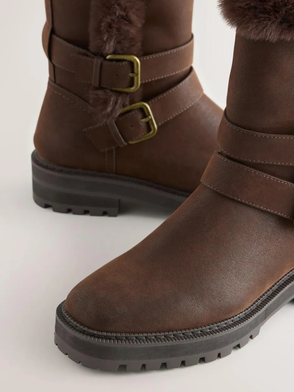 Next Extra Wide Fit Forever Comfort® Double Buckle Faux Fur Lined Ankle Boots Chocolate Brown