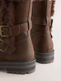 Next Extra Wide Fit Forever Comfort® Double Buckle Faux Fur Lined Ankle Boots Chocolate Brown