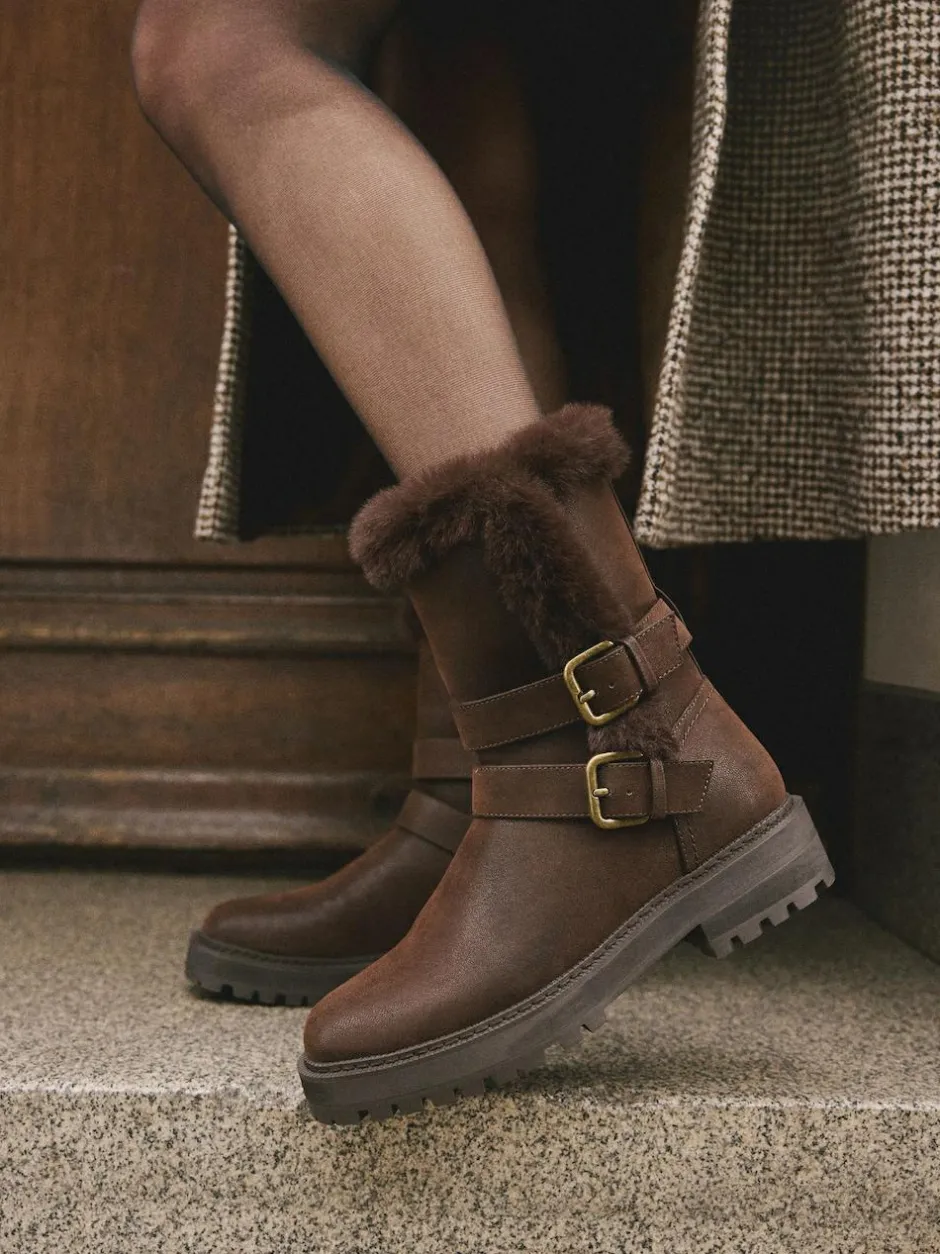 Next Extra Wide Fit Forever Comfort® Double Buckle Faux Fur Lined Ankle Boots Chocolate Brown