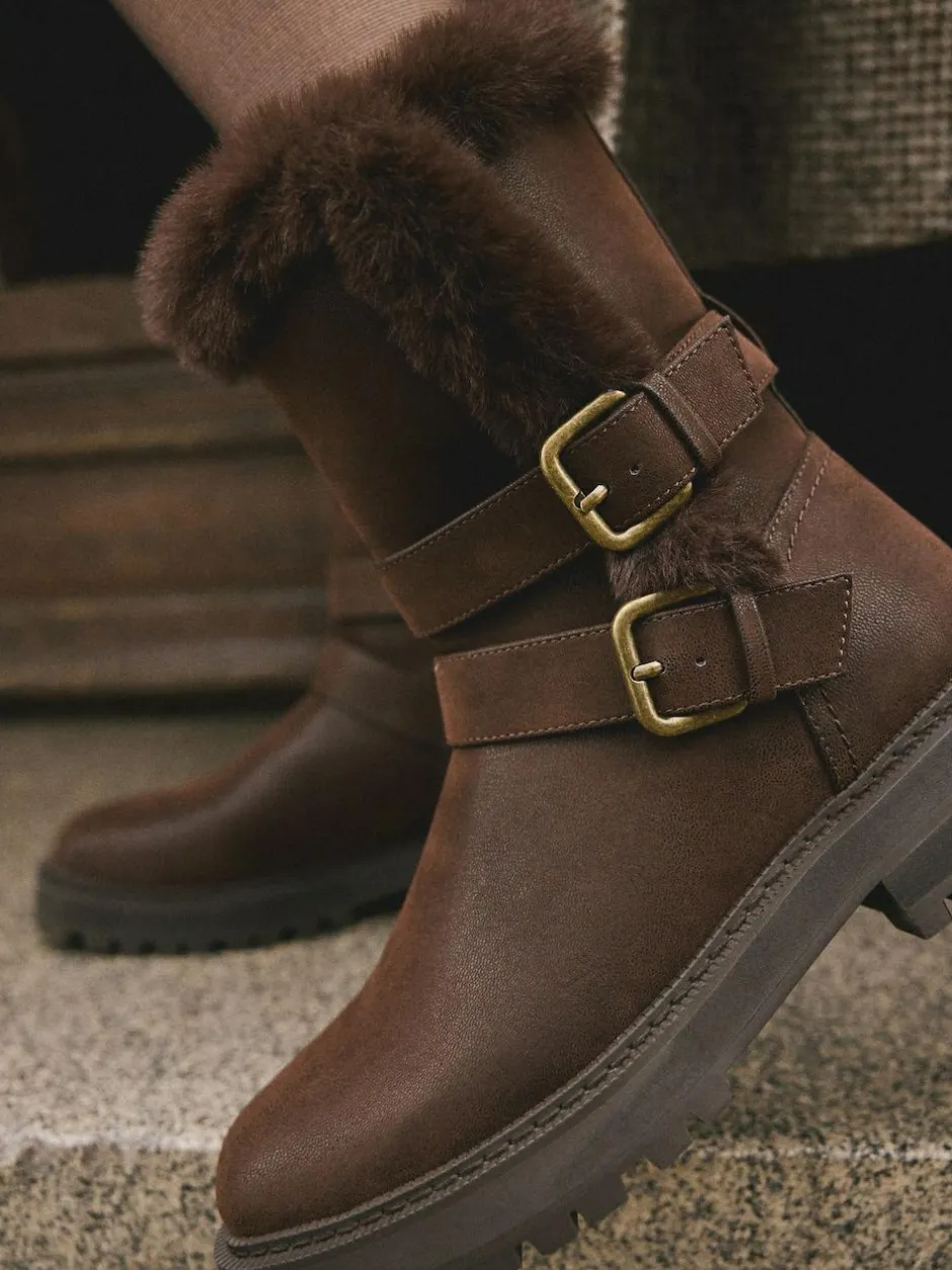 Next Extra Wide Fit Forever Comfort® Double Buckle Faux Fur Lined Ankle Boots Chocolate Brown