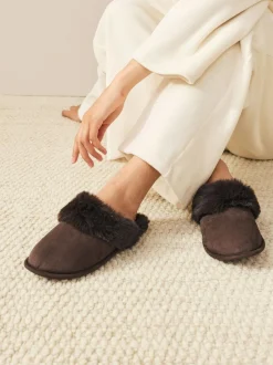 Next Faux Fur Suede Mule Slippers Chocolate Brown Clearance