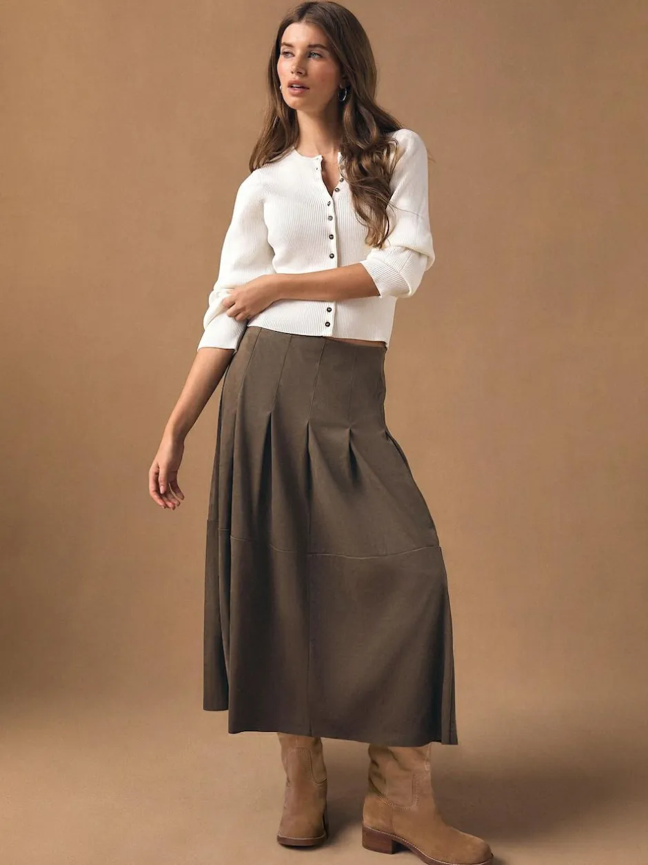 Next Chocolate Brown Faux Suede Midi Kilt Skirt