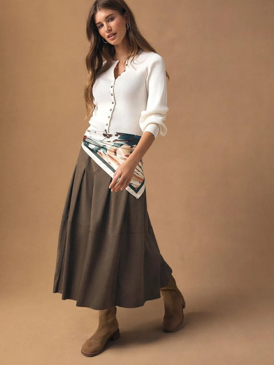 Next Chocolate Brown Faux Suede Midi Kilt Skirt