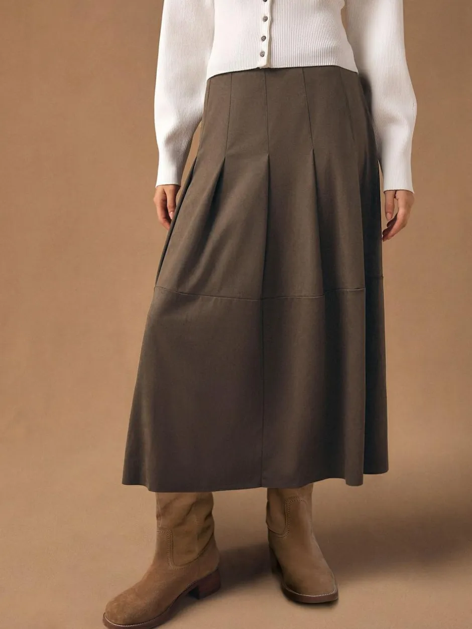 Next Chocolate Brown Faux Suede Midi Kilt Skirt