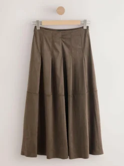 Next Chocolate Brown Faux Suede Midi Kilt Skirt