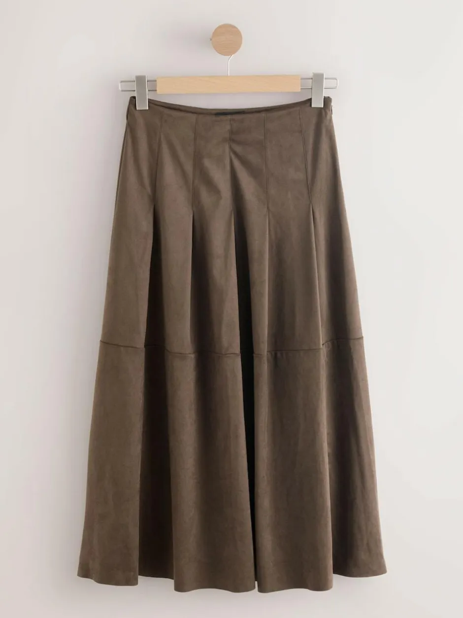 Next Chocolate Brown Faux Suede Midi Kilt Skirt