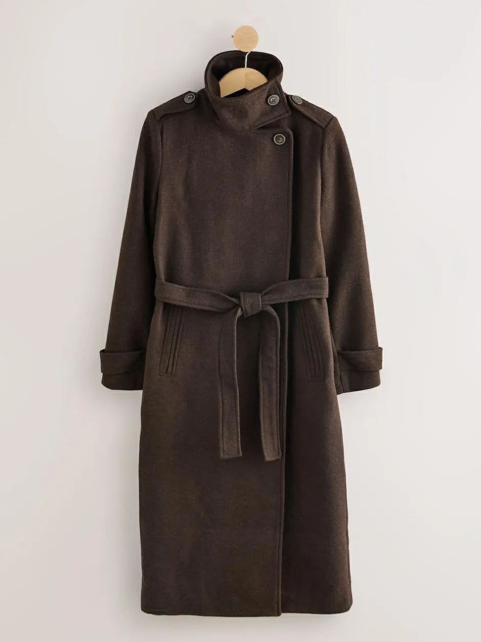 Next Formal Funnel Neck Coat Chocolate Brown Discount