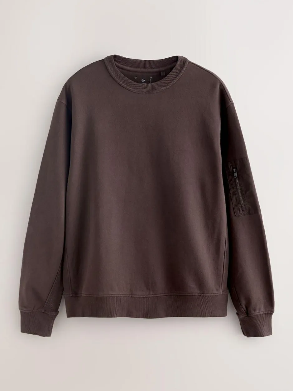 Next Garment Washed Utility Crew Neck Sweatshirt Chocolate Brown Hot
