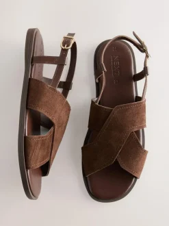 Next Standard/Wide Fit Stitched Slingback Sandals Chocolate Brown Leather Sale
