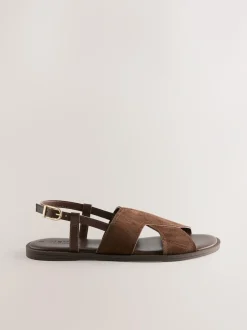 Next Standard/Wide Fit Stitched Slingback Sandals Chocolate Brown Leather Sale