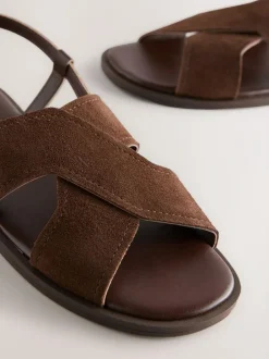 Next Standard/Wide Fit Stitched Slingback Sandals Chocolate Brown Leather Sale