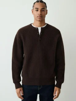 Next Chocolate Brown Relaxed Fit Ribbed Grandad Collar Jumper with Wool New