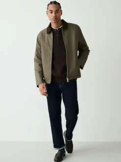 Next Chocolate Brown Relaxed Fit Ribbed Grandad Collar Jumper with Wool New