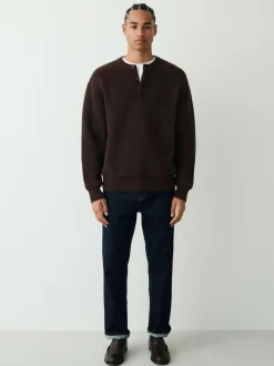 Next Chocolate Brown Relaxed Fit Ribbed Grandad Collar Jumper with Wool New