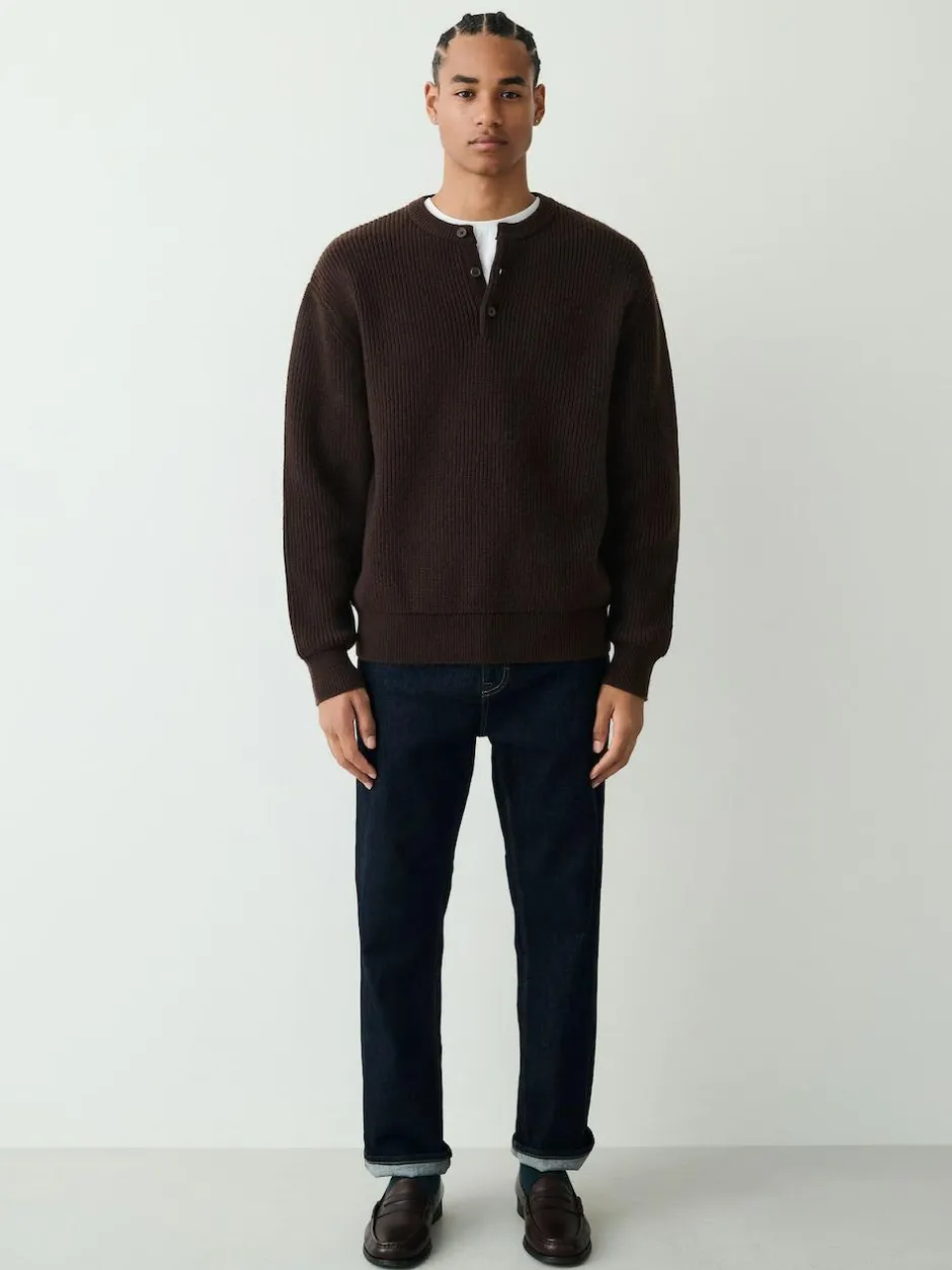Next Chocolate Brown Relaxed Fit Ribbed Grandad Collar Jumper with Wool New