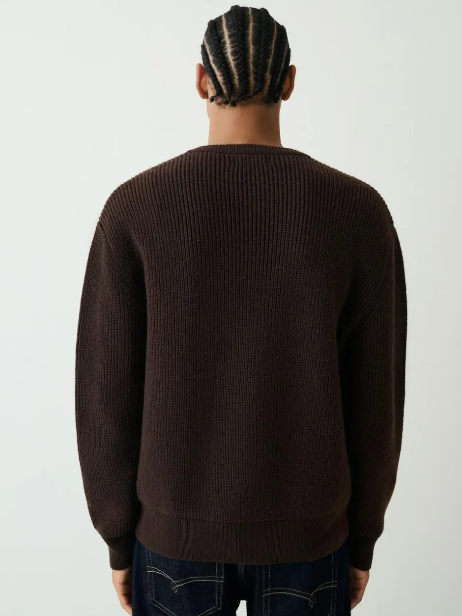 Next Chocolate Brown Relaxed Fit Ribbed Grandad Collar Jumper with Wool New
