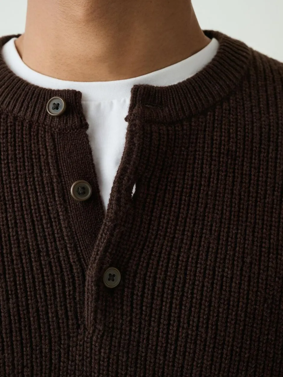 Next Chocolate Brown Relaxed Fit Ribbed Grandad Collar Jumper with Wool New